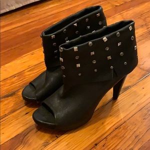Studded leather peep toe ankle booties